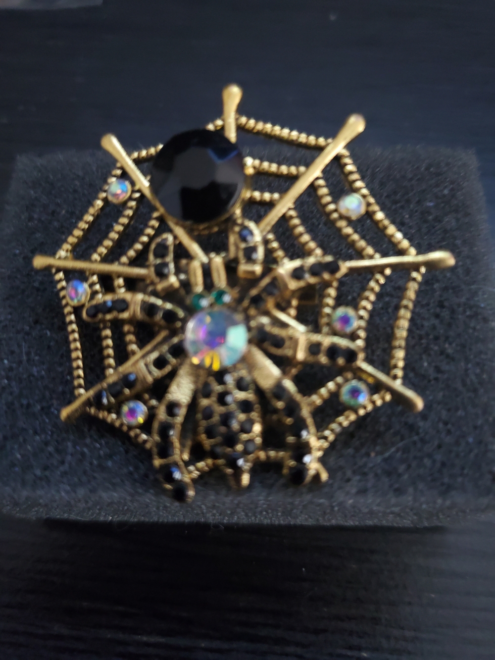 Gold Spider Web Brooch with Black and Aurora Accents